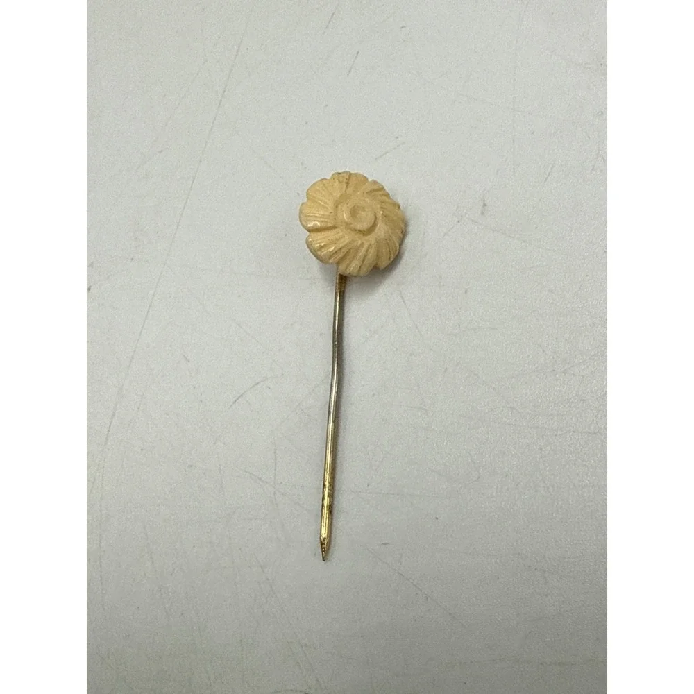 Vintage Hand Carved Flower Stick‎ Pin Cream Celluloid Bone Floral Lapel Pin